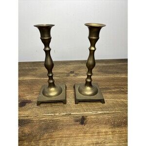 Vintage Set of 2  Solid Brass Candlestick Holders 7"  Square Base Made In India